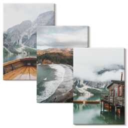 Canvas Set Of 3 - View The Mountains Over Lake With A Boat & Beach Landscape, Gray Wall Art, Landscapes Decor - thumbnail 2