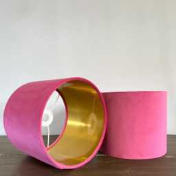 Hot Pink Velvet Drum Lampshade/ Ceiling Shade With A Metallic Gold Lining, Bright Brushed Lining - thumbnail 2