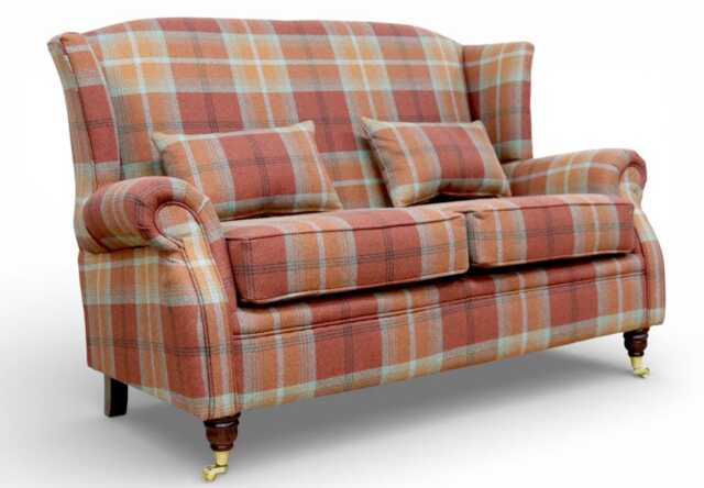 Handcrafted 2 Seater Sofa Couch High Back Fireside Balmoral Spice Check, Made in UK - image 1