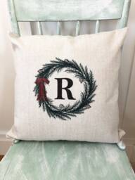 Monogram Christmas Pillow Cover Linen Farmhouse Wreath Decor - thumbnail 1