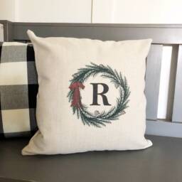 Monogram Christmas Pillow Cover Linen Farmhouse Wreath Decor - thumbnail 2