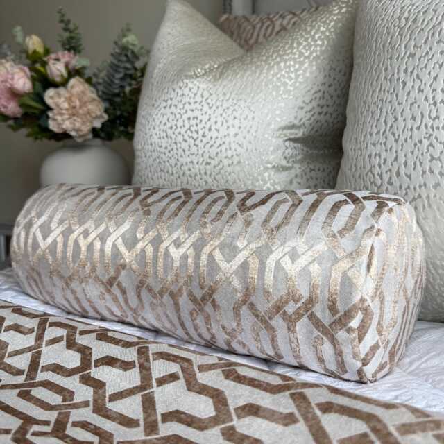 Geometric Gold Bolster Cushion, Luxury Bed Cushion Pillow, Duck Feather, Designer Geo Fabric, 16x6 Inch - image 1