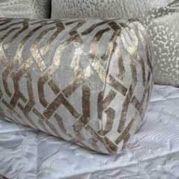 Geometric Gold Bolster Cushion, Luxury Bed Cushion Pillow, Duck Feather, Designer Geo Fabric, 16x6 Inch - thumbnail 2