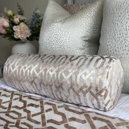 Geometric Gold Bolster Cushion, Luxury Bed Cushion Pillow, Duck Feather, Designer Geo Fabric, 16x6 Inch