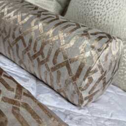 Geometric Gold Bolster Cushion, Luxury Bed Cushion Pillow, Duck Feather, Designer Geo Fabric, 16x6 Inch - thumbnail 3