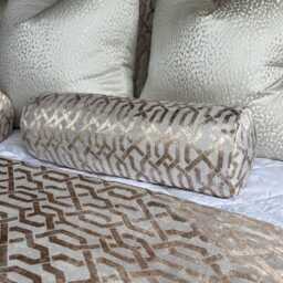 Geometric Gold Bolster Cushion, Luxury Bed Cushion Pillow, Duck Feather, Designer Geo Fabric, 16x6 Inch - thumbnail 4