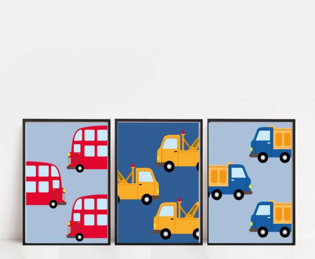 Transport Nursery Prints Watercolor Truck, Bus, Tow Truck