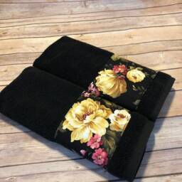 Black Rose Bath & Hand Towel Floral Trim in Shades Of Gold, Pink & Burgundy - thumbnail 3
