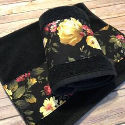 Black Rose Bath & Hand Towel Floral Trim in Shades Of Gold, Pink & Burgundy