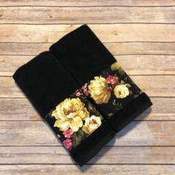 Black Rose Bath & Hand Towel Floral Trim in Shades Of Gold, Pink & Burgundy - thumbnail 2