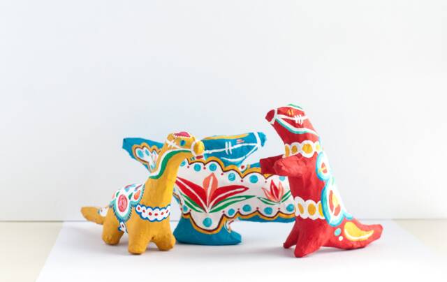 Dala Dinosaur Paper Mache Sculptures Folk Art Set Of Three - image 1
