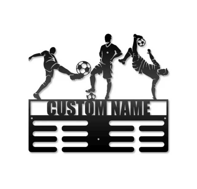Personalised Football Medal Holder - Custom Name Hanger Soccer Display Rack Kids Sports Hook Metal Wall Sign Decor - image 1