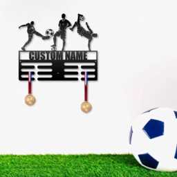 Personalised Football Medal Holder - Custom Name Hanger Soccer Display Rack Kids Sports Hook Metal Wall Sign Decor - thumbnail 2