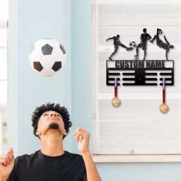 Personalised Football Medal Holder - Custom Name Hanger Soccer Display Rack Kids Sports Hook Metal Wall Sign Decor - thumbnail 3