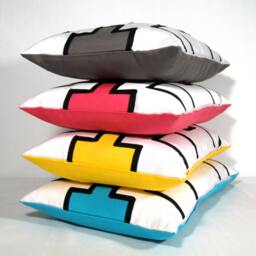 Hot Pink Sunbrella?? Outdoor Pillow Cover in Modern Geometric & Black Trim Detail, White Cushion Covers For Patio/Pool Seating - thumbnail 4