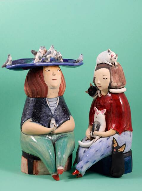 Ceramic Sculpture - Portrait Cat Woman&lady With Pigeons Statuette Unique Gift Home Decor - image 1
