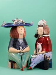 Ceramic Sculpture - Portrait Cat Woman&lady With Pigeons Statuette Unique Gift Home Decor - thumbnail 1