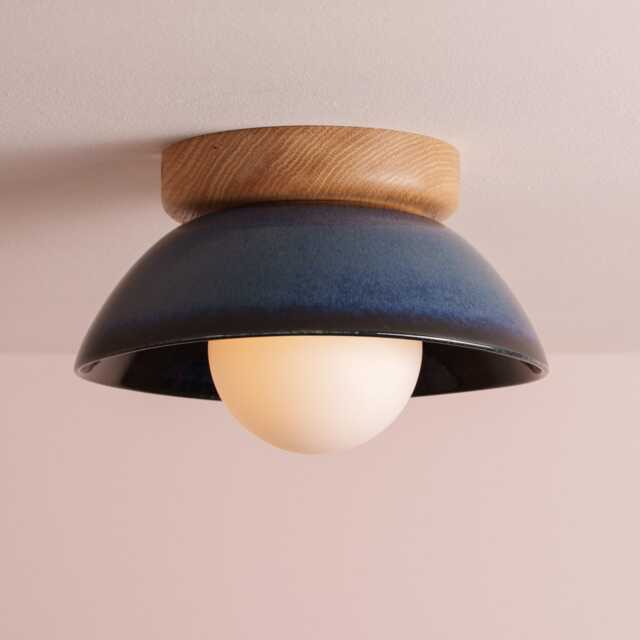 Blue Small Dawn Ceiling Light in Ceramic & Oak - image 1