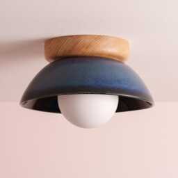 Blue Small Dawn Ceiling Light in Ceramic & Oak - thumbnail 3