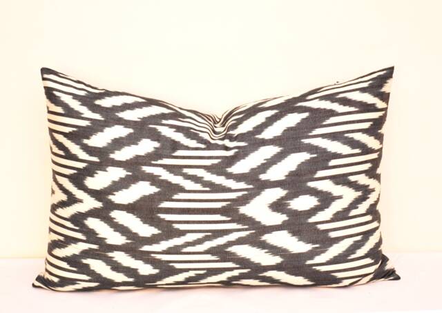 Handloom Black Cotton Ikat Pillow Cover, Accent Cushion - 15x23 Inch - image 1