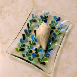 Fused Glass Soap Dish, Blooming Branches in Reds Or Blues, Floral Plate - thumbnail 2