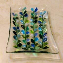 Fused Glass Soap Dish, Blooming Branches in Reds Or Blues, Floral Plate - thumbnail 4