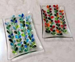 Fused Glass Soap Dish, Blooming Branches in Reds Or Blues, Floral Plate