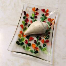 Fused Glass Soap Dish, Blooming Branches in Reds Or Blues, Floral Plate - thumbnail 3