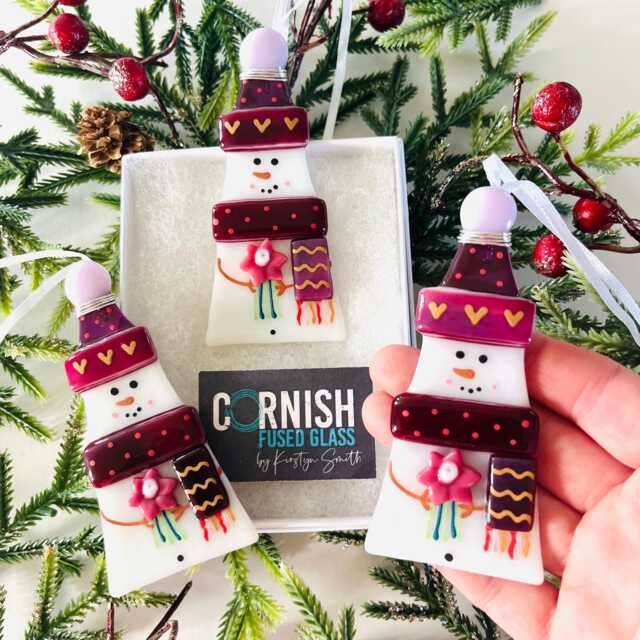 Fused Glass Snowman Tree Decoration - Christmas Decoration, Snowman Cornish Fused Glass - image 1
