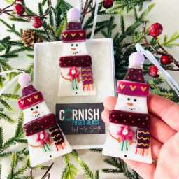Fused Glass Snowman Tree Decoration - Christmas Decoration, Snowman Cornish Fused Glass - thumbnail 1