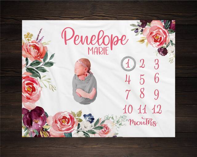 Girl Milestone Blanket Personalized Monthly Growth Tracker Custom Baby Shower Gift For New Mom Watercolor Floral Newborn Nursery - image 1