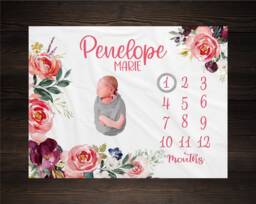 Girl Milestone Blanket Personalized Monthly Growth Tracker Custom Baby Shower Gift For New Mom Watercolor Floral Newborn Nursery - thumbnail 1