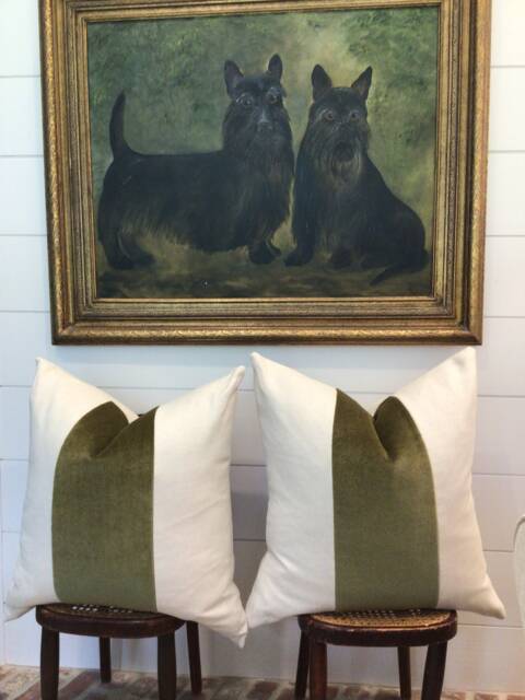 Classic Olive Green Velvet Panel With Oatmeal Linen Pillow Cover - image 1