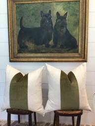 Classic Olive Green Velvet Panel With Oatmeal Linen Pillow Cover - thumbnail 1