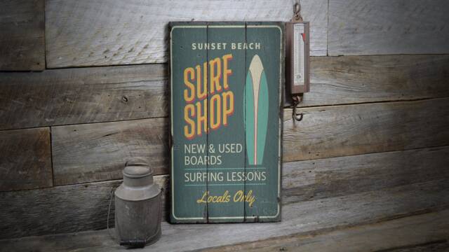 Surfers Shop Sign, Ocean Surfing Decor, Wave Surfs, Lover Wooden Sale Wall Decor - Old Sign - image 1