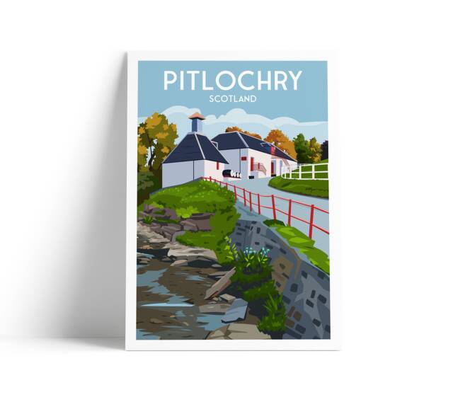 Pitlochry Print - Travel Poster Scotland Distillery Perthshire