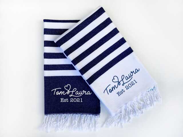 Personalised Beach Towel & Carrier Strap, Retirement Gift, Wedding Gift Set For Couple, Cotton Anniversary Him - image 1