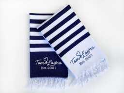 Personalised Beach Towel & Carrier Strap, Retirement Gift, Wedding Gift Set For Couple, Cotton Anniversary Him - thumbnail 1