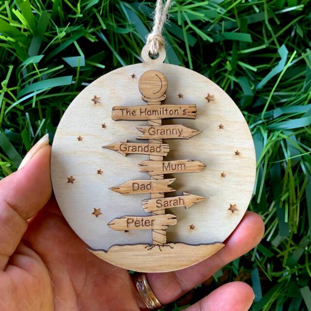 Personalised Family Christmas Ornament North Pole Signpost, Wooden Bauble, Tree Decoration - image 1