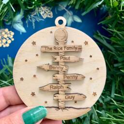 Personalised Family Christmas Ornament North Pole Signpost, Wooden Bauble, Tree Decoration - thumbnail 2