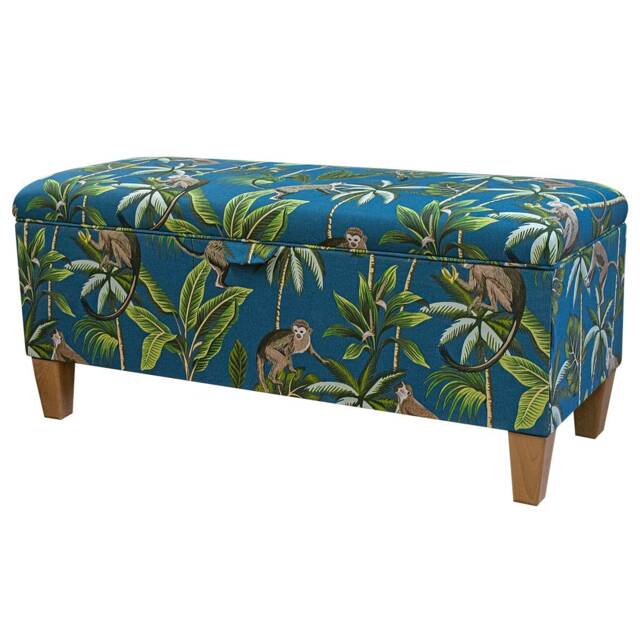 Teal Monkey Storage Bench - Jungle Print Ottoman Handmade in Britain - image 1