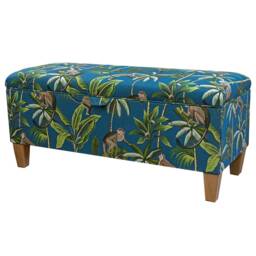 Teal Monkey Storage Bench - Jungle Print Ottoman Handmade in Britain