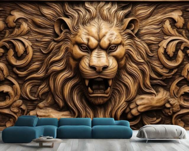Lion Wood Carving Wallpaper, Peel & Stick Wall Mural - image 1