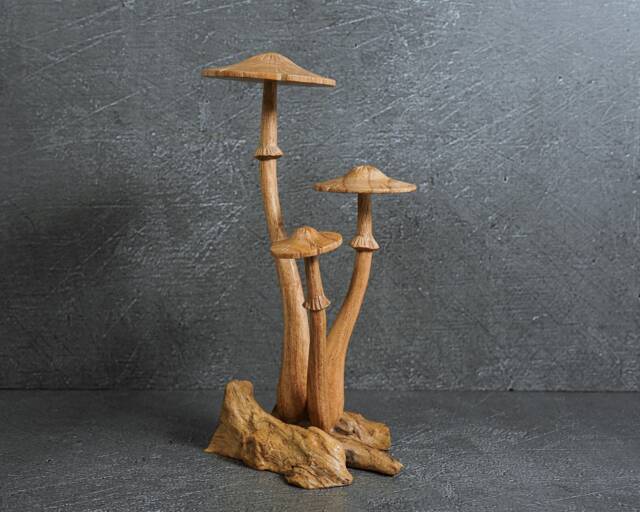 Handmade Wooden Mushroom Sculpture Driftwood Base, Rustic Home Decor 8.8 - image 1