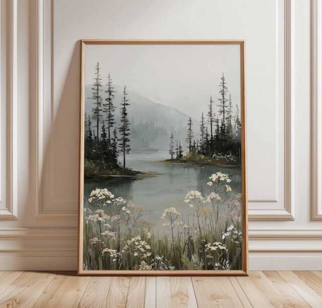 Misty Forest Lake Poster, Neutral Landscape Wall Art, Wildflower Nature Print, Tranquil Mountain Decor Painting - image 1