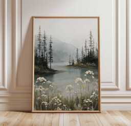 Misty Forest Lake Poster, Neutral Landscape Wall Art, Wildflower Nature Print, Tranquil Mountain Decor Painting - thumbnail 1