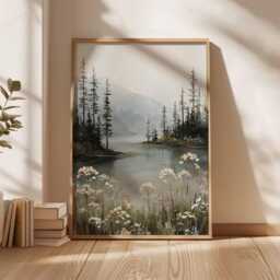 Misty Forest Lake Poster, Neutral Landscape Wall Art, Wildflower Nature Print, Tranquil Mountain Decor Painting - thumbnail 3