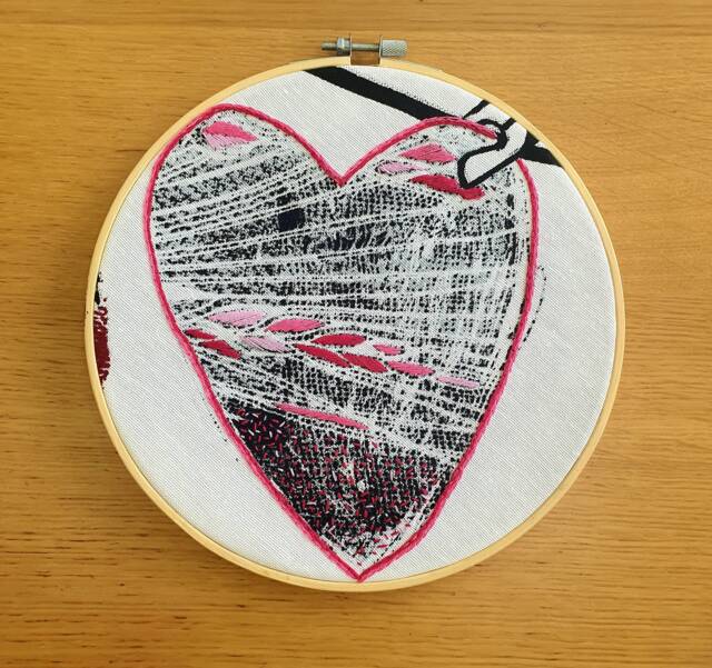 Heart Embroidery Hoop Art Pink Stitched Wall Decor - image 1