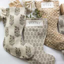 Neutral Linen Christmas Stockings With Personalization, Block Printed Holiday Stocking Modern Farmhouse Decor - thumbnail 2