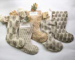 Neutral Linen Christmas Stockings With Personalization, Block Printed Holiday Stocking Modern Farmhouse Decor
